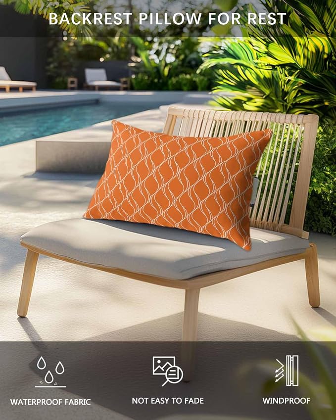 Pack of 2 Outdoor Lumbar Pillow Covers 11x16 Inch, Orange Stripes Waterproof Throw Pillow Covers Set, Simple Geometric Modern Monochrome Indoor&Outdoor Decorative Cushion Cases for Patio Porch Beach