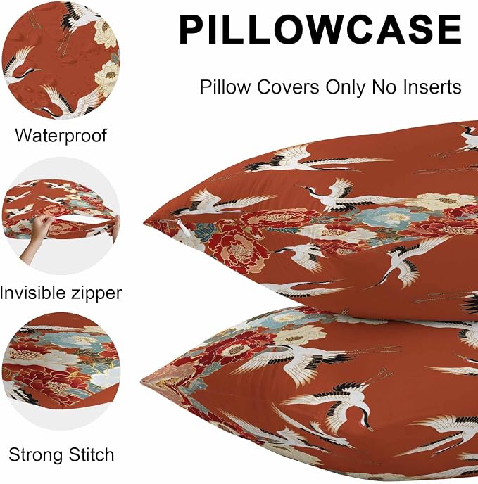 Japanese Style Outdoor Pillow Covers 16x16 Inch Throw Pillow Covers Set of 2 Waterproof Decorative Pillow Cases Red Farmhouse Botanical Peony Birds Cushion Covers for Patio Furniture Garden Couch Sofa