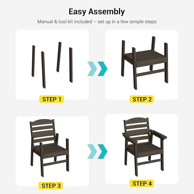 HDPE Outdoor Dining Chairs Set of 2 | Weather Resistant Patio Stackable Chairs for Garden, Backyard, Lawn and Poolside, Brown