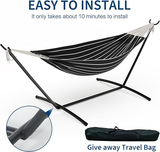 GarveeHome Double Hammock with Stand - Heavy Duty 450lbs Capacity, Portable Cotton Hammock for Two Adults, Indoor & Outdoor Use with Travel Bag, Chasm Stripe Pattern