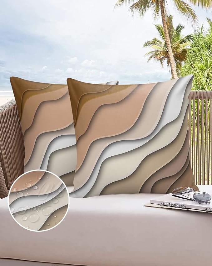 Ombre Abstract Geometry Gradient Brown and Grayish White Outdoor Waterproof Throw Pillow Covers 16 x 16 Inch Set of 2, Decorative Square Cushion Cases for Patio Furniture Couch Porch Garden