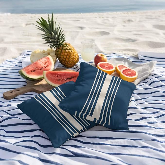 Navy Blue Beige Striped Outdoor Pillow Covers 20x20 Inch Throw Pillow Covers Set of 2 Waterproof Decorative Pillow Cases Modern Farmhouse Retro Lines Cushion Covers for Patio Furniture Garden Couch