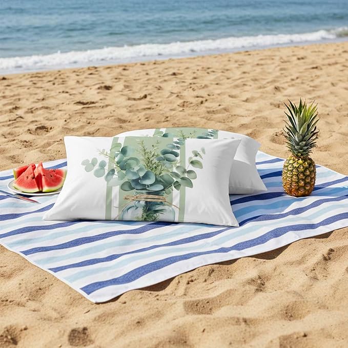 Sage Green Eucalyptus Leaves Outdoor Pillow Covers 20x12 Inch Lumbar Pillow Covers Set of 2 Waterproof Decorative Throw Pillow Cases Farmhouse Stripe Botanical Cushion Covers for Patio Furniture