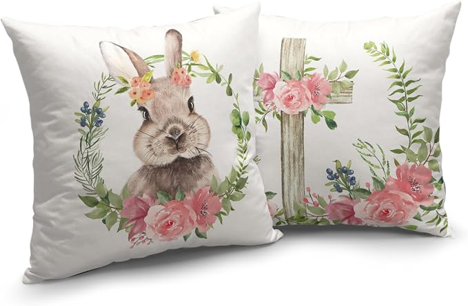 Set of 2 Bunny Rabbit Flowers Throw Pillow Case 22x22 Easter Cross Floral Pillow Protectors Spring Cotton Linen Decorative Cushion Case for Living Room Couch Patio
