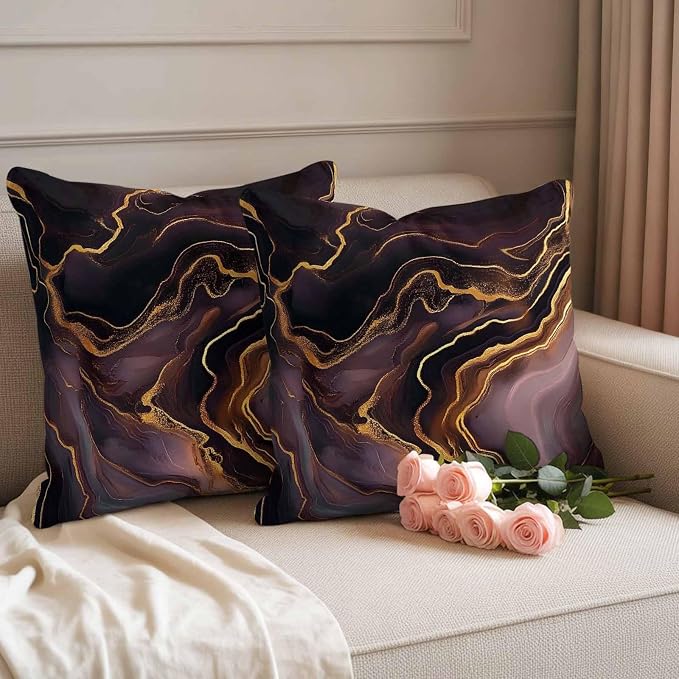 Abstract Marble Texture Outdoor Waterproof Throw Pillow Covers Set of 2, 26"x26", Purple Gold Waves Art Decorative Pillow Covers Outside Cushion Case for Patio Porch Garden