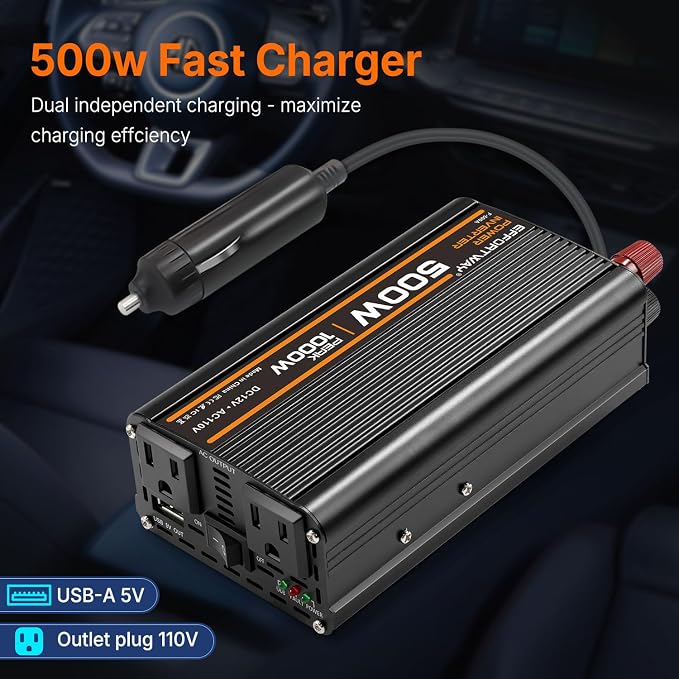 500W Power Inverter, Inverter 12V to 110V with 2 AC Outlets, 2.1A USB Port, Car Power Inverter with Alligator Battery Clamp for Phone, Laptop on Camping, Road Trip