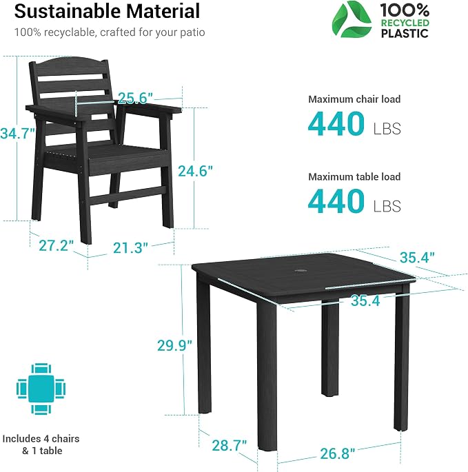 5-Piece HDPE Outdoor Dining Set for 4, Outdoor Table and Chairs | Weather Resistant Patio Table and Chairs set, Square Table with Umbrella Hole for Garden, Backyard, Lawn and Poolside, Black