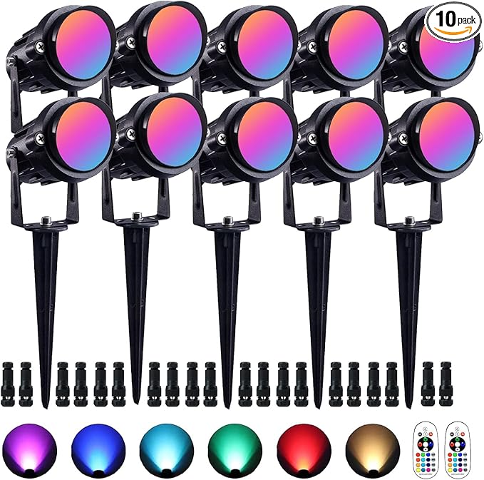 RGB Outdoor Spotlight 10W LED Color Changing Landscape Lights with Remote Control 12V~24V Landscape Lighting Waterproof Spot Lights Outdoor for Yard Garden Patio Lawn Halloween Decorative, 10Pack