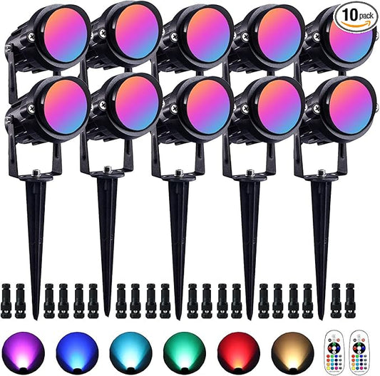 RGB Outdoor Spotlight 10W LED Color Changing Landscape Lights with Remote Control 12V~24V Landscape Lighting Waterproof Spot Lights Outdoor for Yard Garden Patio Lawn Halloween Decorative, 10Pack