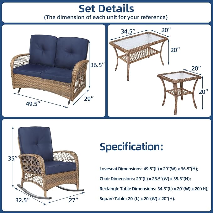 5-Piece Wicker Patio Furniture Sets Outdoor All-Weather Rattan Conversation Set Includes Glider Loveseat, 2 Glass-Top Coffee Tables, 2 Rocking Chairs for Porch Backyard, Navy Blue