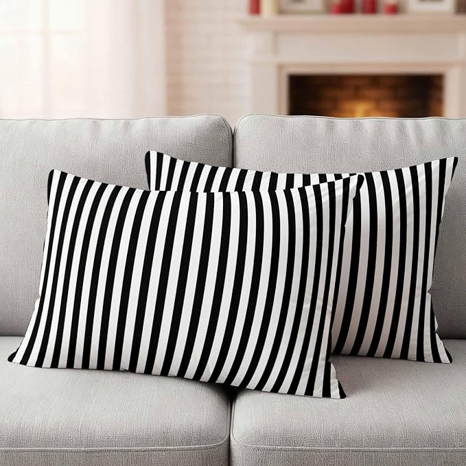 Lumbar Pillow Covers 20x12 Inch Set of 2, Black White Stripe Waterproof Outdoor Cushion Covers, Modern Minimalist Geometric Striped Decorative Pillowcases for Couch, Sofa, Bed, Garden, Patio