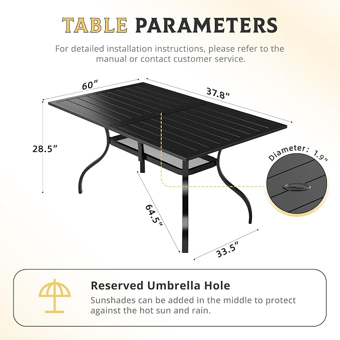 7 Piece Patio Dining Set Outdoor Furniture Set, Rectangular Metal Patio Dining Table with Umbrella Hole & 6 Swivel Dining Chairs for Garden Lawn Yard