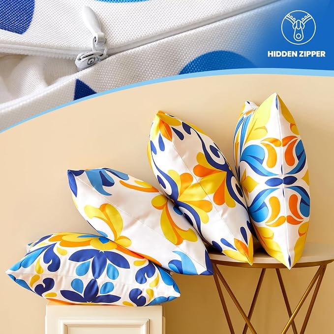 Blue and Orange Outdoor Floral Pillow Covers 18x18 Set of 4 Waterproof, Mediterranean Decor Accent Porch Throw Pillows 18 x 18, Fade Resistant Waterproof Outdoor Pillows for Patio Furniture
