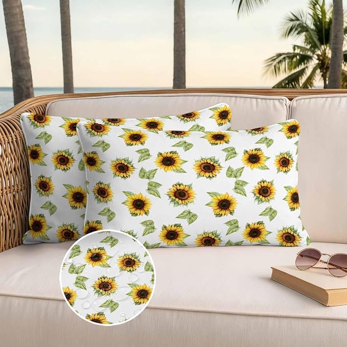 Sunflower Waterproof Outdoor Pillow Covers Set of 2 Home Decor, Yellow Green Botanical Farm Plant Leaves Pillowcase Patio Pillow Covers for Couch Bench Furniture Garden 20x12in