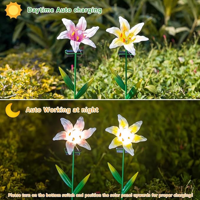 Solar Garden Lights Outdoor,2 Pack Lily Flowes Solar Garden Lights,Waterproof Decorative Metal Flowers Lights for Outside Lawn Patio Pathway