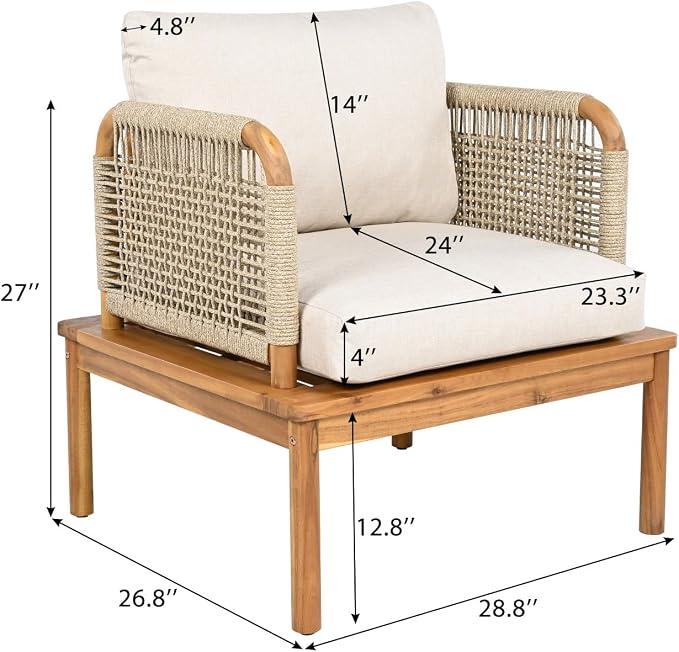 Patio Furniture Set-Single Chair, Outdoor Sectional Furniture with Rope Armrests and Thick Washable Cushions, All-Weather Patio Conversation Set for Backyard, Garden and Poolside (Series A)