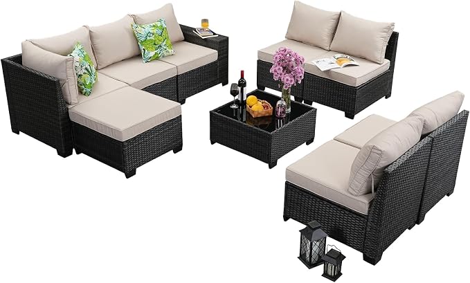 9 Pieces Patio Furniture Set, Wicker PE Rattan Outdoor Sectional with Cushion & Coffee Table, Patio Conversation Sofa for Garden, Backyard, Poolside, Beige