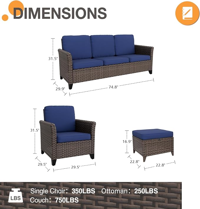 COOS BAY Harbor Retreat 5 Piece Outdoor Furniture Set, Patio Conversation Set with Patio Chairs, 3 Seat Couch and Ottomans, Wicker Furniture, Brown/Blue
