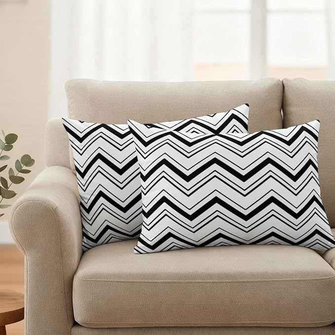 Abstract Geometric Outdoor Pillow Covers Set of 2 Ripple Stripe Chevron Black and White Waterproof Throw Pillow Cover Decorative Cushion Cases for Patio Porch Garden 20X12 Inch