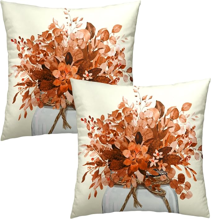 Fall Eucalyptus Throw Pillow Covers 16x16 Inch Set of 2, Orange Botanical Leaves Autumn Harvest Season Farmhouse Decorative Pillows Cushion Case for Sofa Couch Home Decor