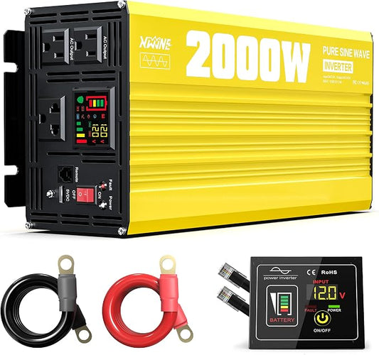 XWJNE 2000 Watt Pure Sine Wave Inverter 12V DC to 120V AC 4000W Peak Power Converter with LED Display and Remote Controller for Home, RV, Truck, Off-Grid Solar