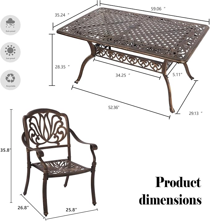 TITIMO 7-Piece Cast Aluminum Patio Furniture Set, Outdoor Patio Dining Set Bistro Conversation Set, All-Weather Rectangular Table w/Umbrella Hole (Bronze-Fixed Elizabeth Chair, 7 Pcs)