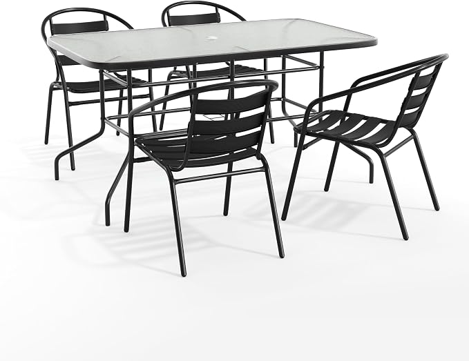 EMMA + OLIVER Patio Table & Chairs Set - Rectangular Metal Table with Tempered Glass Top - 4 Black Aluminum Stacking Chairs - All Weather for Indoor/Outdoor Use
