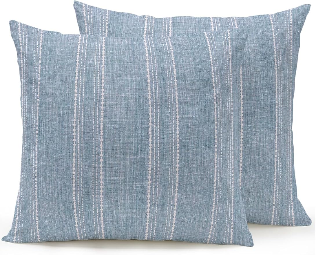 Vandarllin Waterproof Outdoor Pillow Set of 2 Haze Blue Linen Stripes Decorative Throw Pillows Cover & Insert 16x16 Inch Pillowcase Parallel Vertical Lines Pillows for Couch Sofa Bed Patio Furniture