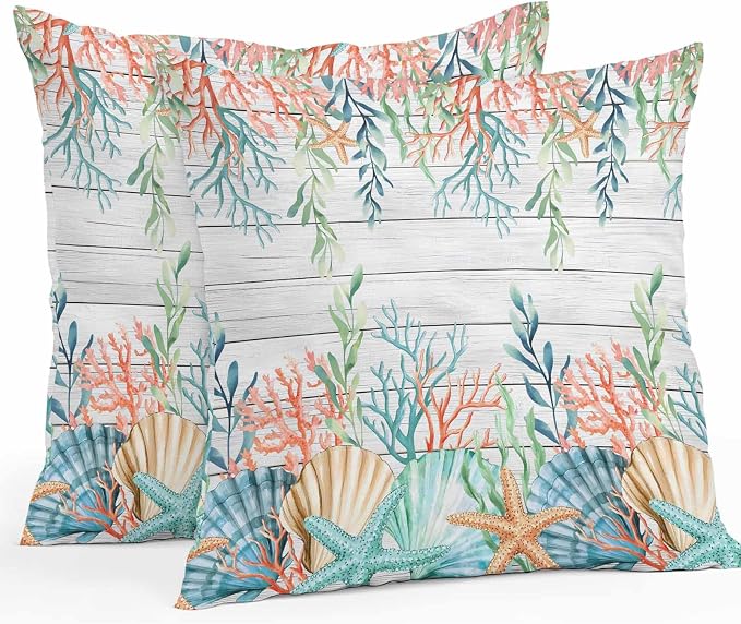 Throw Pillow Covers 24x24 Inch Set of 2, Summer Coastal Waterproof Outdoor Pillow Covers, Nautical Sea Coral Shell Starfish Wood Gray Decorative Cushion Pillowcases for Couch, Sofa, Bed, Garden, Patio