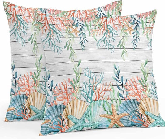 Throw Pillow Covers 26x26 Inch Set of 2, Summer Coastal Waterproof Outdoor Pillow Covers, Nautical Sea Coral Shell Starfish Wood Gray Decorative Cushion Pillowcases for Couch, Sofa, Bed, Garden, Patio
