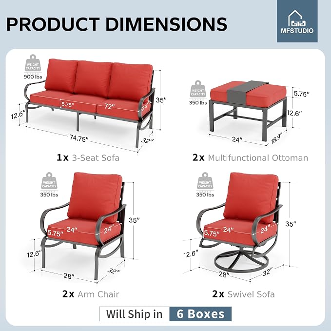 MFSTUDIO 7 Pieces Metal Patio Furniture Sets, 2 Swivel Chairs, 3-Seat Deep Seating Sofa, 2 Single Couch and 2 Ottoman, All Weather 9 Seats Outdoor Conversation Set for Garden Backyard, Burgundy Red
