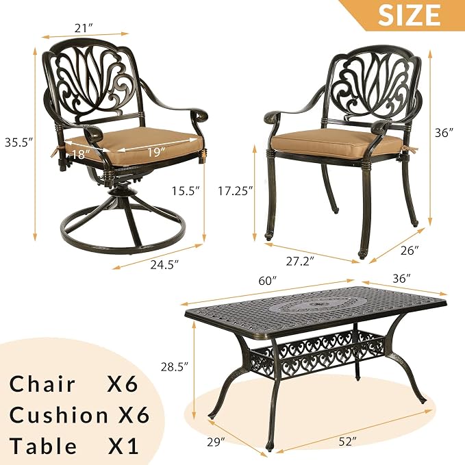 7-Piece Outdoor Patio Dining Set, 60” Rectangular Cast Aluminum Dining Table with Umbrella Hole and 4 Stationary, 2 Swivel Rocker Chairs, 6 Cushioned, Backyard, Patio, Garden