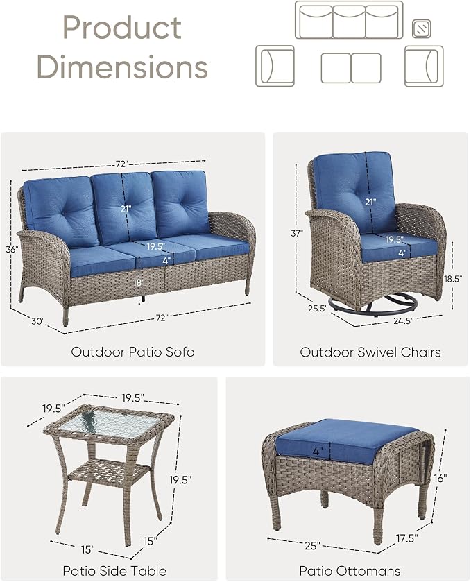 6 Pieces Outdoor Furniture-Patio Swivel Rocker Chairs Set of 2 3-Seater Wicker Couch with Outdoor Ottoman Outdoor Patio Furniture Set for Deck Porch Garden Balcony Poolside-Grey/Blue