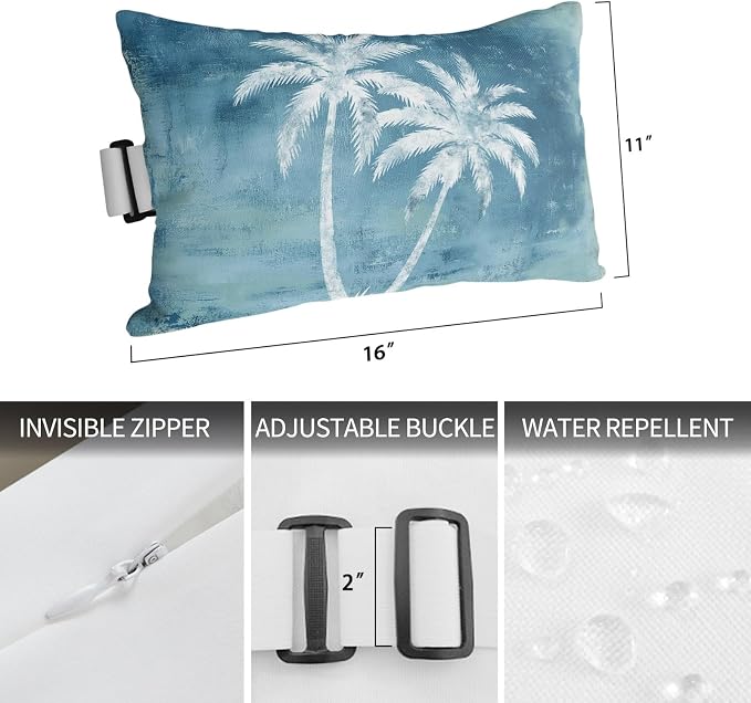 Palm Trees Tropical Outdoor Pillows for Chaise Lounge Chair Waterproof Lumbar Pillows with Insert&Adjustable Strap Beach Headrest Pillow Shabby Sky Blue Summer Coastal Recliner Pool Pillow 11"x16"