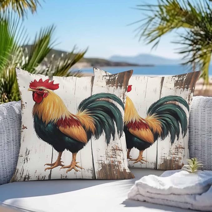 Vintage Rooster Outdoor Waterproof Throw Pillow Covers 16x16 Set of 2, Retro Farmhouse Rooster Watercolor Decorative Pillowcases Cushion Pillowcase for Couch Sofa Patio Outside Pillow Protector