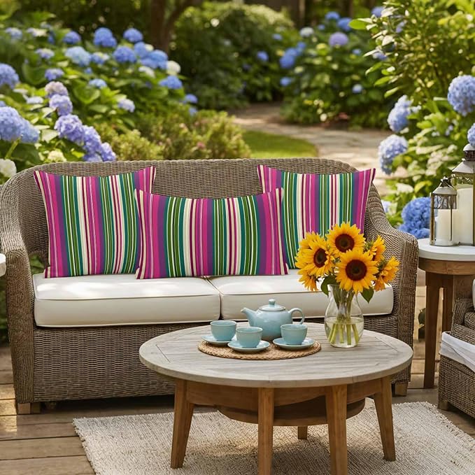 Outdoor Waterproof Throw Pillow Covers Set of 2 Pink Striped Pillowcases 18x18 Inches Geometric Green Stripes Decorative Pillows Cushion Case Patio Pillows for Couch Bed Chair Garden