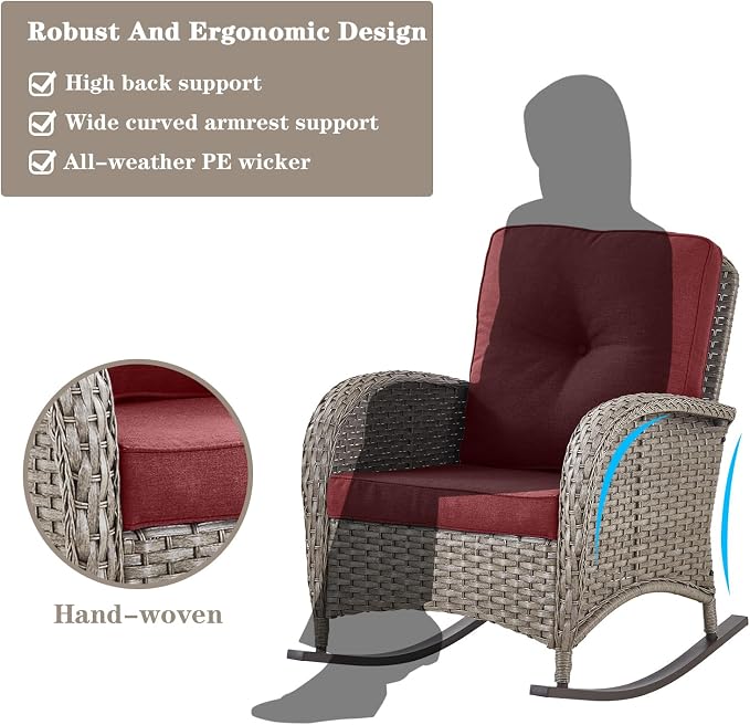 Belord 6 Pieces Wicker Patio Furniture Set with Patio Rocking Chairs, High Back Patio Conversation Set Outdoor Loveseat Glider with Ottoman and Rattan Side Table for Deck Sunroom Backyard