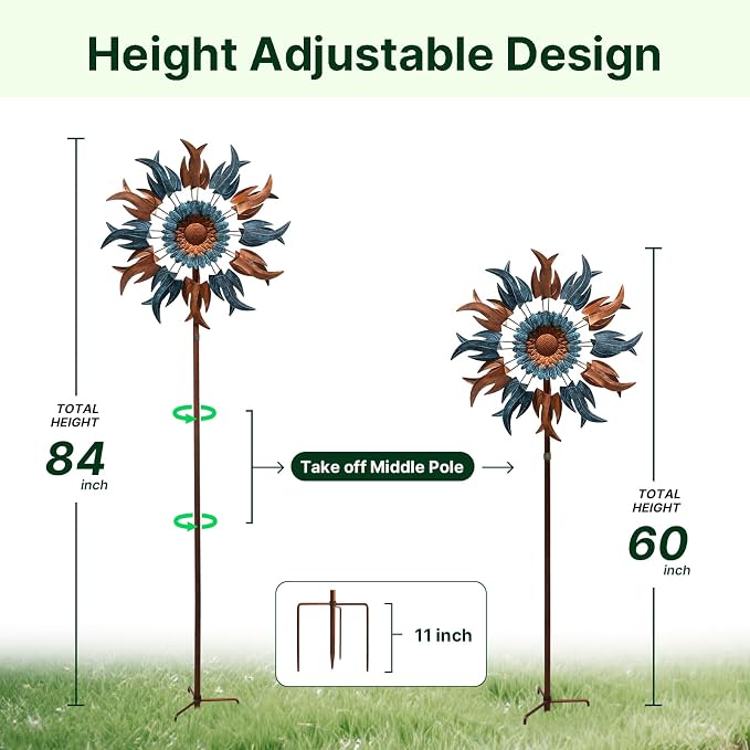 Wind Spinners Outdoor, 84" Large Metal Kinetic Wind Sculptures for Garden, Classic Yard Art with 2 Piece Welcome Flag Decoration