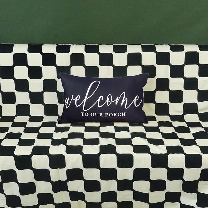 ONWAY Black Outdoor Welcome Throw Pillow Covers 12x20 Inch Waterproof Black and White Decorative Cushion Cover for Patio Furniture Garden Spring Summer Decor