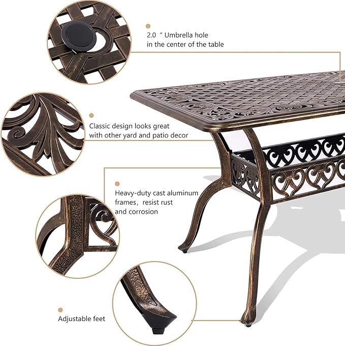 TITIMO 7-Piece Cast Aluminum Patio Furniture Set, Outdoor Patio Dining Set Bistro Conversation Set, All-Weather Rectangular Table w/Umbrella Hole (Bronze-Fixed Elizabeth Chair, 7 Pcs)