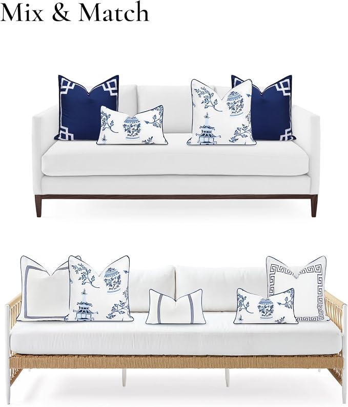 Hofdeco Premium Coastal Patio Indoor Outdoor Lumbar Pillow Cover Only, 12"x20" Water Repellent for Backyard, Couch, Navy Blue Chinoiserie with Piping (Pack of 2)