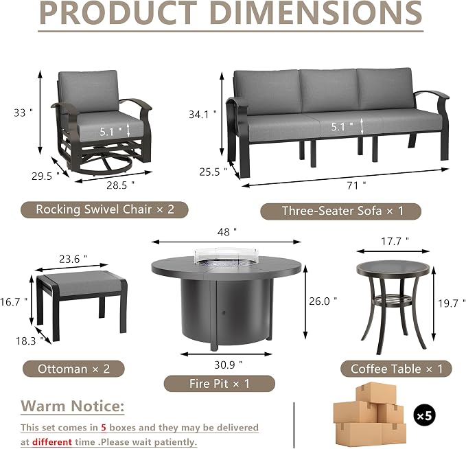 ALAULM Aluminum Patio Furniture Set with Coffee Table Rectangular, 5-seat Outdoor Sectional Furniture w/2 Swivel Chairs, Patio Conversation Set for Porch, Backyard, Poolside-Grey