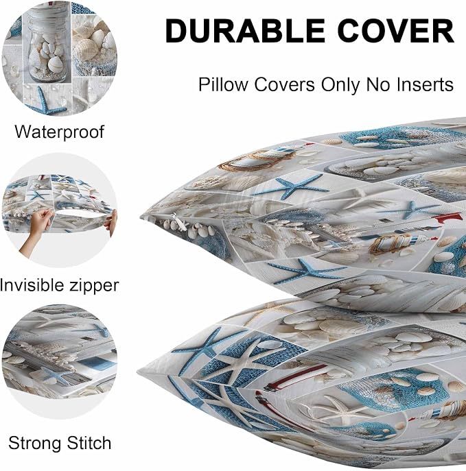 Summer Coastal Grid Outdoor Throw Pillow Cover Ocean Starfish Lighthouse Pearl Waterproof Cushion Covers 2 Pack Nautical Pillow Cases Home Decoration for Patio Garden Couch Sofa 20x12In
