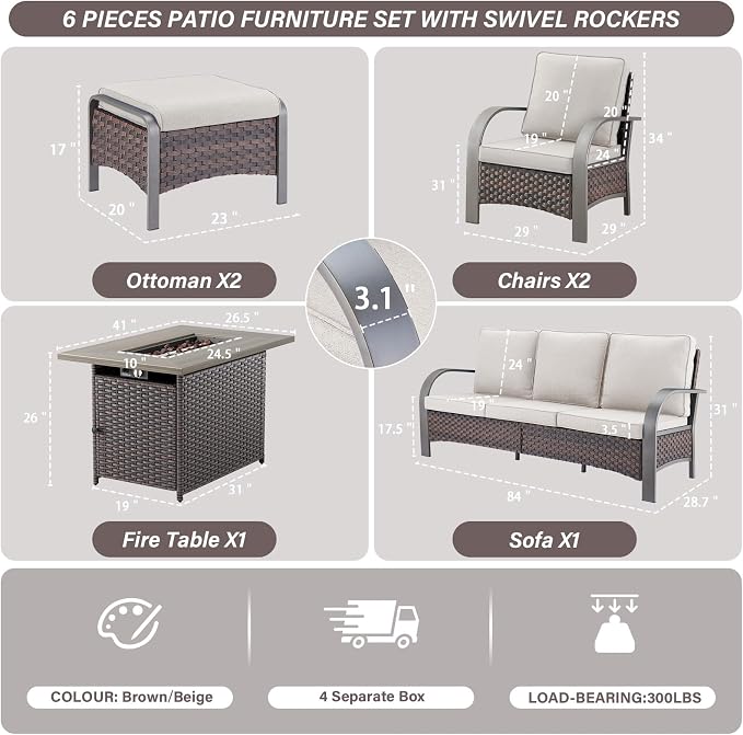 Belord 6 Pieces Patio Furniture Set with Fire Pit Table - 50000 BTU Propane Fire Pit, 2 Single Leisure Chairs, High Back Wicker Rattan Couch, Outdoor Conversation Set for Casual Gathering