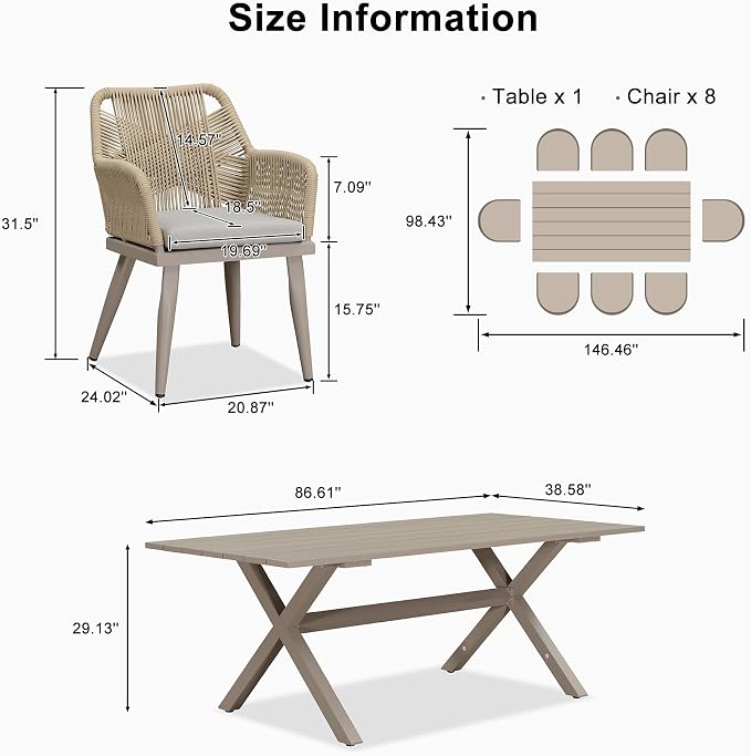 PURPLE LEAF 9 Pieces Outdoor Dining Set All-Weather PE Rattan Outdoor Patio Furniture Set with All Aluminum Frame Rectangular Table and Chairs Set for Lawn Garden Backyard Deck, Champagne