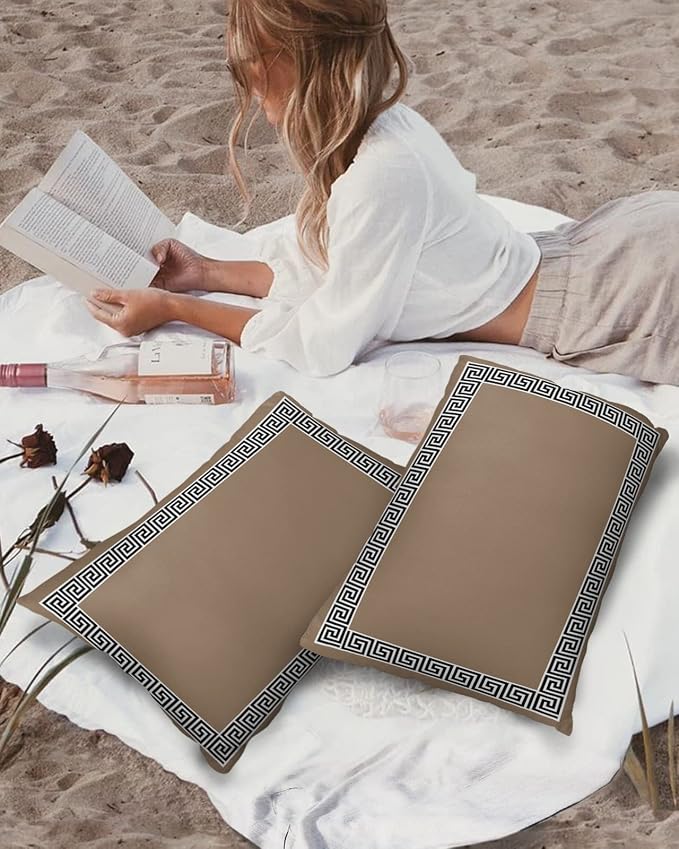 Prime Leader Outdoor Waterproof Pillow Covers Set of 2, Chinese Style Pattern Brown Background Patio Throw Pillow Covers, Decorative Cushion Case for Couch Sofa Furniture Garden, 20x12 Inch