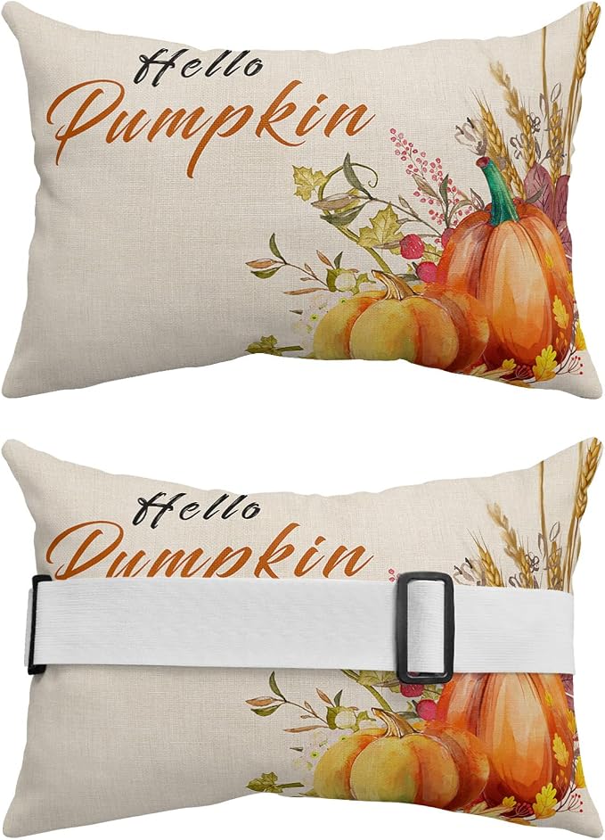 Outdoor Pillows Covers with Inserts Hello Pumpkin Fall Pumpkin and Rice Ears Waterproof Recliner Pillow with Adjustable Strap Throw Pillows for Patio Furniture Pool Lounge Chair, 11x16 inch, 2PCS