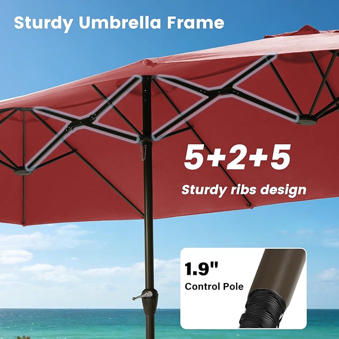 15FT Large Patio Umbrellas with Base Included, Outdoor Double-Sided Rectangle Big Market Umbrella with Stand, Outside Umbrellas for Poolside Lawn Backyard,Red