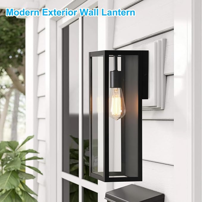 VerRon 16” Exterior Waterproof Outdoor Lights with Glass Shades, 2-Pack | Black Porch Lights Wall Mounted, Anti-Rust E26 Modern Outdoor Wall Lanterns for Patio Garage Entryway Front Door