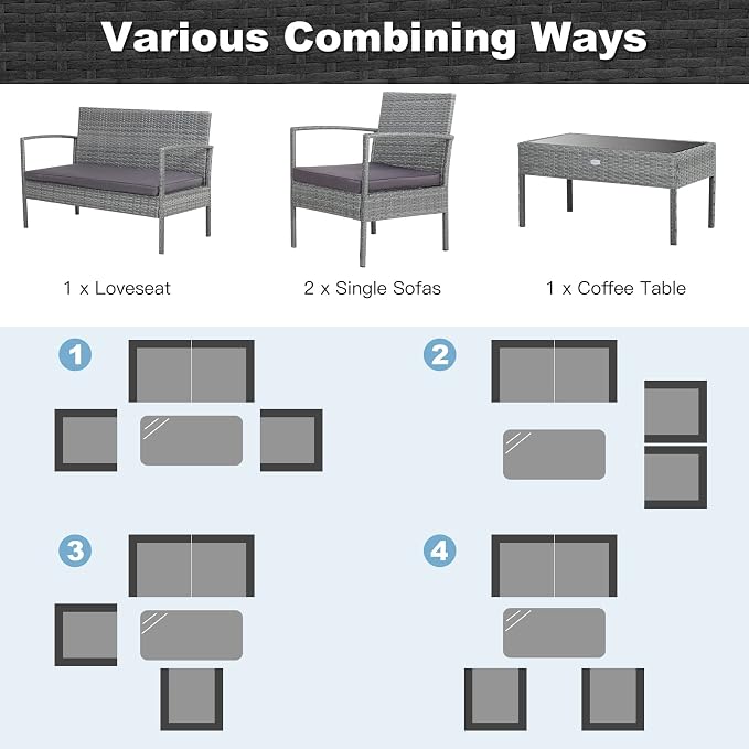 Tangkula 8 Piece Patio Furniture Set, Patiojoy Outdoor Wicker Conversation with Soft Cushion, Glass Tabletop, Solid Steel Frame, Sectional Sofa for Backyard, Poolside, Balcony